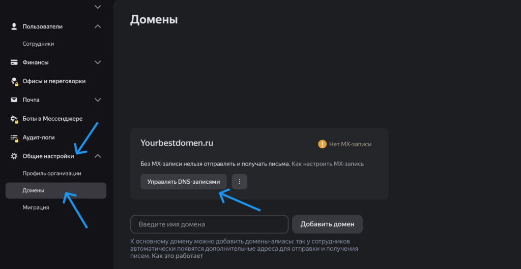 Интерфейс управления DNS-записям Яндекса