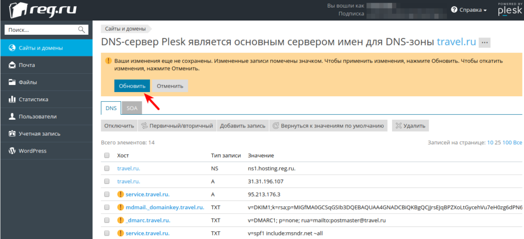 Обновление внесенных DNS записей в панели управления хостингом Plesk panel