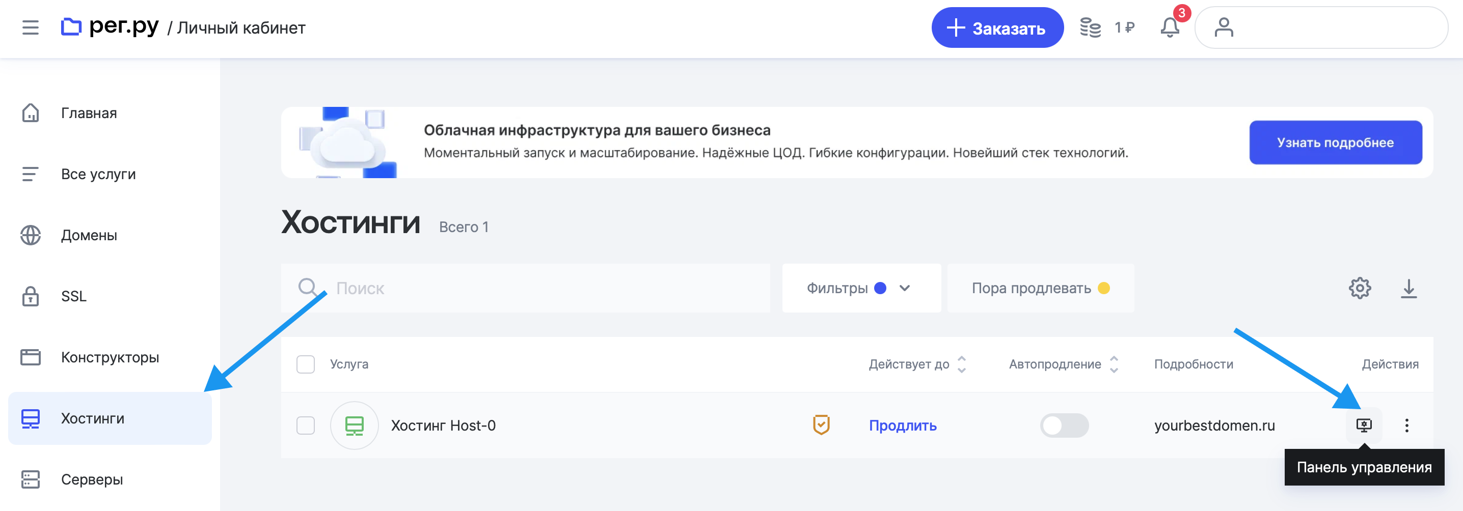 Как войти в панель управления хостинга в reg.ru