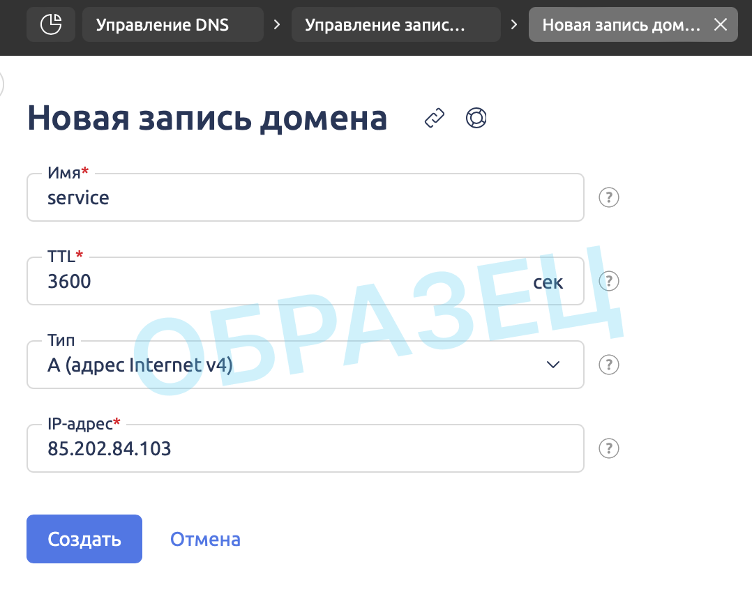 Добавление DNS записи типа A в панели управления сервером ispmanager