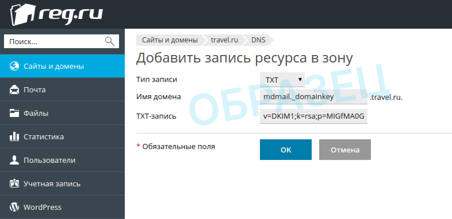 Добавление DNS записи типа TXT в панели управления хостингом Plesk panel
